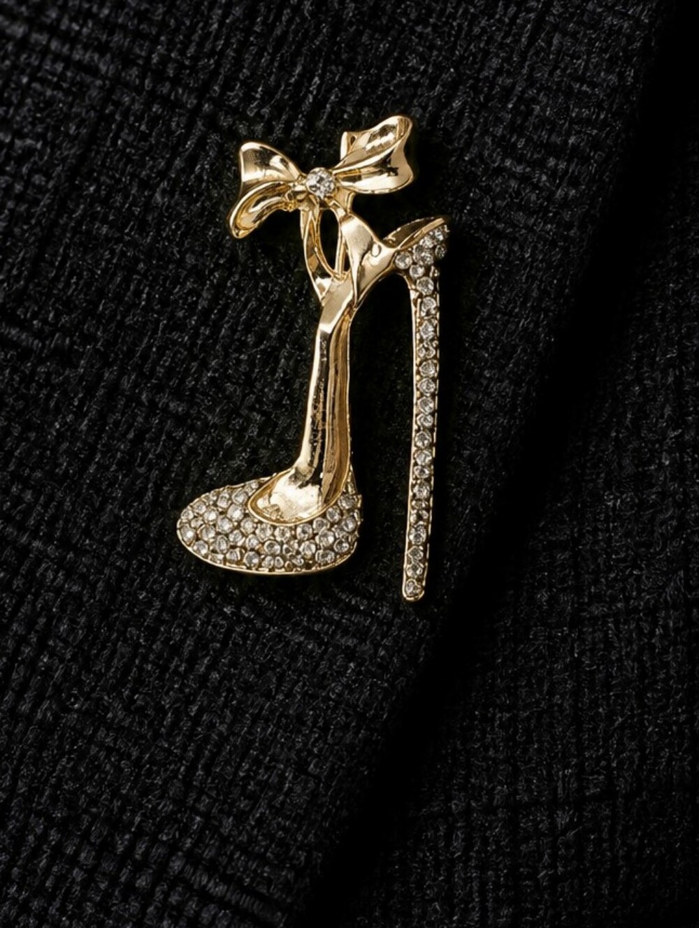 High Heel Shoe Brooch Gold Rhinestone Stiletto Bow Fashionista Cinderella Pin
